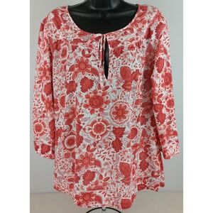 Eddie Bauer Womens XL Red White Floral 3/4 Sleeve Tie Front Blouse